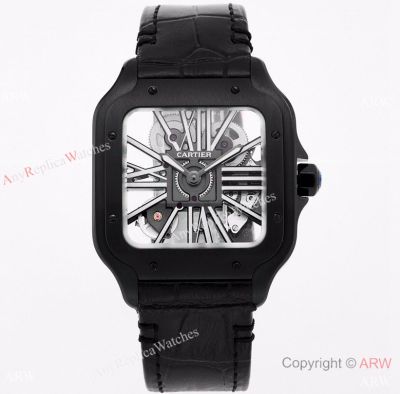 (TW ) Skeleton Santos De Cartier In All Black Leather Strap Watch High End Replica For Men 